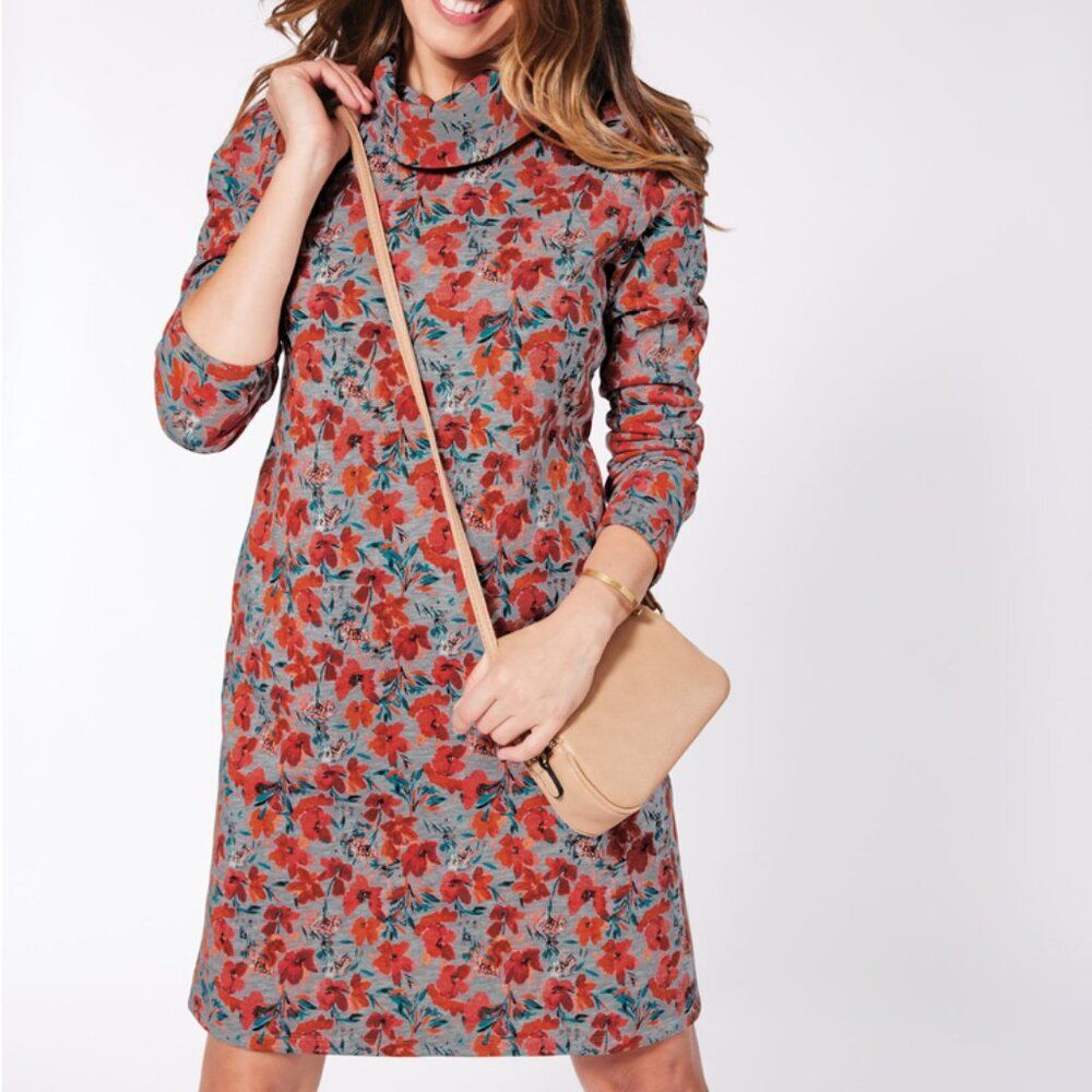 NEW Gray Floral Sz Medium Cowl Neck Knee Length Fleece Lined A-Line Dress BLAIR